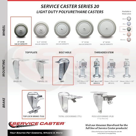 Service Caster 3 Inch SS Gray Polyurethane Swivel 3/8 Inch Threaded Stem Caster with Brake SCC SCC-SSTS20S314-PPUB-TLB-381615